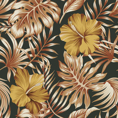 Tropische Vintage gelbe Hibiskusblüte, Palmblätter nahtlose Blumenmuster grüner Hintergrund. Exotische Dschungeltapete.