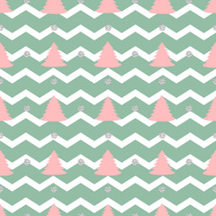 seamless christmas pattern with pink pine tree and silver dot glitter on green stripe background