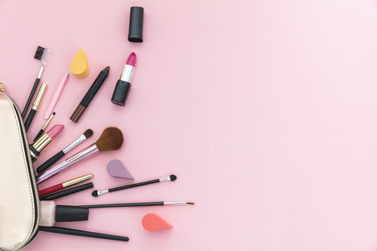 Make-up cosmetic bag against pink background, copy space Stock Photo |  Adobe Stock