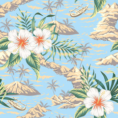 Fototapeta na wymiar Tropical Hawaiian vintage botanical island, sea waves, boat, white hibiscus, palm leaves summer floral seamless pattern blue background.Exotic jungle wallpaper.