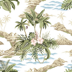 Tropical vintage botanical island, palm tree, mountain, sea wave, palm leaves, hibiscus flower summer floral seamless pattern white background.Exotic jungle wallpaper.