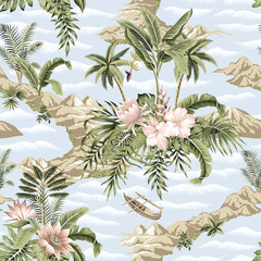 Tropische botanische Vintage-Insel, Palme, Berg, Meereswelle, Boot, Palmblätter, Hibiscus-Lotusblumen-Sommerblumennahtloses Muster blauer Hintergrund.Exotische Dschungeltapete.