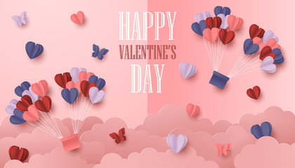 Happy valentines day paper cut style with colorful heart shape in pink background