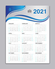 Calendar 2021 Template, Wall Calendar 2021 Vector, Desk Calendar Design, Week Start On Sunday, Poster, Planner, Stationery, Printing, vertical artwork, Blue wave background concept