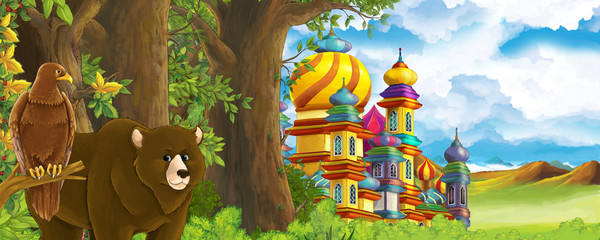 Cartoon nature scene with beautiful castle near the forest with bear and the eagle - illustration for children