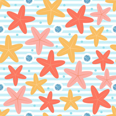 Fototapeta na wymiar seamless nature pattern on stripe background with colorful star fish and blue glitter bubble under the sea