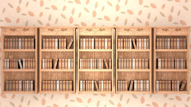Wooden book shelves. 3d rendering picture.