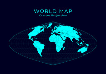 Map of the World. Craster parabolic projection. Futuristic infographic world illustration. Bright cyan colors on dark background. Trendy vector illustration.