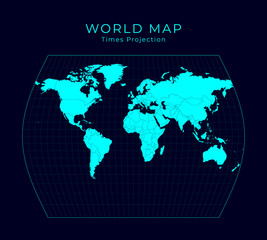Map of The World. John Muir's Times projection. Futuristic Infographic world illustration. Bright cyan colors on dark background. Attractive vector illustration.