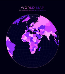 World Map. Chamberlin projection for Africa projection. Digital world illustration. Bright pink neon colors on dark background. Modern vector illustration.