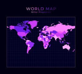 World Map. Miller cylindrical projection. Digital world illustration. Bright pink neon colors on dark background. Vibrant vector illustration.