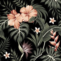 Tropical vintage hibiscus flower, strelitzia, palm leaves floral seamless pattern black background. Exotic jungle wallpaper.