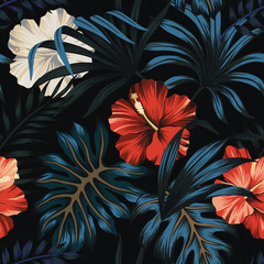 Tropical vintage Hawaiian night, dark blue palm leaves, red and white hibiscus flower floral seamless pattern black background. Exotic jungle wallpaper. © good_mood