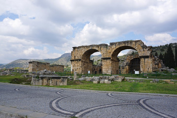 Beautiful meadow landscape of the Hierapolis Archaeology site in Pamukkale