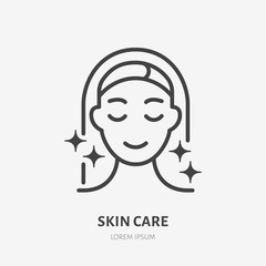 Aesthetic cosmetology line icon, vector pictogram of shiny skin, anti age skin care. Hapy woman illustration, sign for plastic surgery clinic - obrazy, fototapety, plakaty