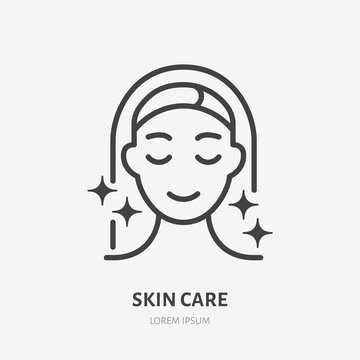 Aesthetic cosmetology line icon, vector pictogram of shiny skin, anti age skin care. Hapy woman illustration, sign for plastic surgery clinic