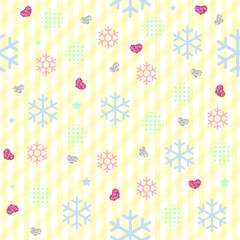 seamless confetti colorful snowflake with star and heart glitter pattern on yellow stripe background