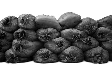 Fototapeta na wymiar black trash bag pile up and isolated on white background