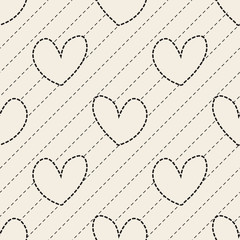 seamless monochrome valentine pattern on stripe background with hand drawn heart and line