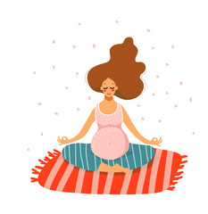 Cute pregnant girl practices yoga. A woman sits in a lotus position on a rug. Health and calm during pregnancy. Flat vector illustration