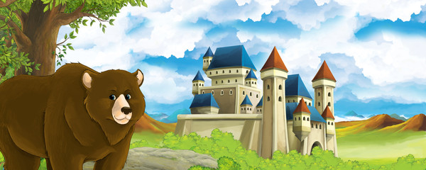 Cartoon nature scene with beautiful castle near the forest with bear - illustration