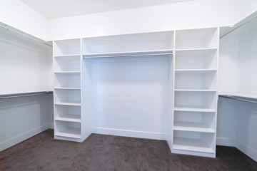 Empty fitted interior of a walk-in closet