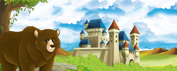 Cartoon nature scene with beautiful castle near the forest with bear - illustration