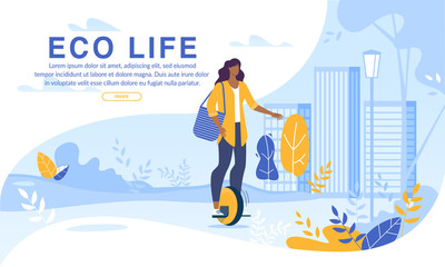 Young Woman Driving Monocycle on Eco City Street. Housewife and Eco-Friendly Transport in Daily Schedule. Electrified Future Transportation E-Motion. Ecological Metropolis. Saved Air from Pollution © TeraVector