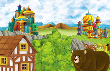 cartoon scene with kingdom castle and mountains valley and bear standing illustration for children