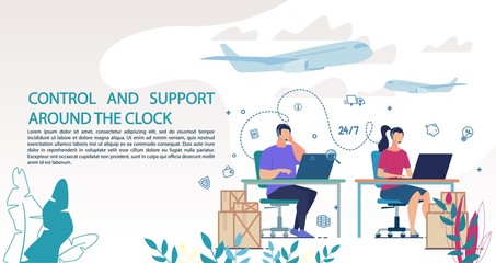 Control and Support Online Technical Service for Track Delivered Goods. Man and Woman in Headset Sitting at Computer Answer Customers Question. Call Center. Logistics Department. Vector Illustration