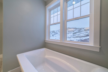 Fototapeta na wymiar View from a bath tub of a snowy winter landscape