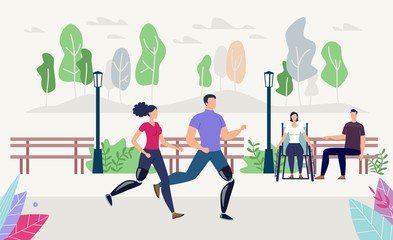 Plakat Disabled People Physical Rehabilitation, Healthy Lifestyle and Recreation Trendy Flat Vector Concept. Man and Woman with Disabilities, People with Leg Prosthesis Running, Jogging in Park Illustration