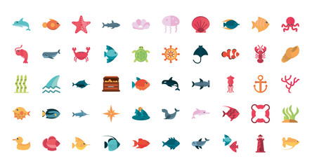 marine life, cartoon sea fauna animal set