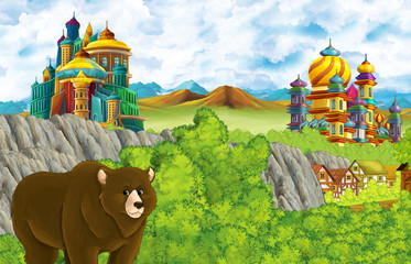 cartoon scene with kingdom castle and mountains valley and bear standing illustration for children