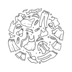 Hand drawn set of woman summer clothes and accessories elements: skirt, shorts, trousers, jeans, dress, jacket. Doodle sketch style design. Vector illustration.