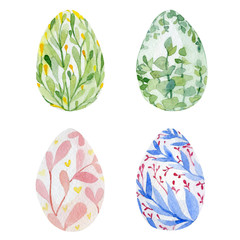 Watercolor bright color Easter eggs set isolated on white background. Illustration of floral for poster, greeting card, banner and frame .