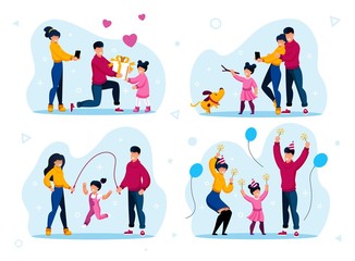 Preschooler Girl Happy Life, Active Childhood Trendy Flat Vector Concepts Set. Parents with Children Celebrating Daughters Birthday, Walking with Pet, Jumping on Rope, Having Fun on Party Illustration