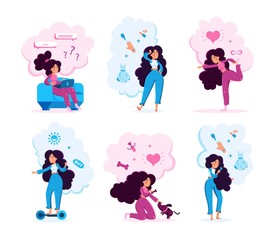 Woman Activities Types Trendy Flat Vector Characters Set. Young Lady Chatting in Social Network, Planning Routines, Doing Exercises, Riding Hoverboard, Feeding Pet, Doing Makeup Isolated Illustration