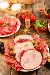 assorted of meat, delicatesse with salami, sausage, bacon, ham