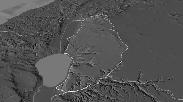 Golan, district with its capital, zoomed and extruded on the bilevel map of Israel in the conformal Stereographic projection. Animation 3D