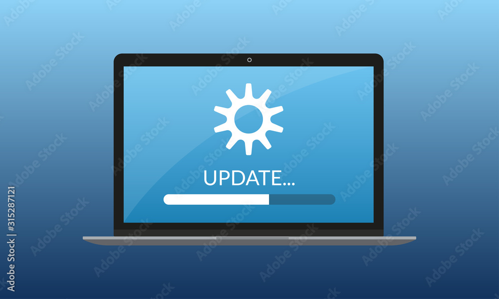 Wall mural laptop with progress bar on the screen. update software or computer system concept. vector illustrat