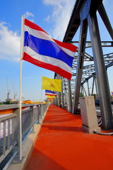 Bangkok decorated the Thai nation flag and the coronation flag of the reign of King Rama 10th at the bridge over the Chao Phraya River.Bangkok,Thailand,08November2019