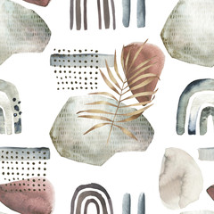 Fototapety  Abstrakcyjny nadruk w stylu nordyckim z elementami geometrycznymi i liśćmi. Akwarela bezszwowe wzór. Ręcznie rysowane ilustracja marmuru. Mieszane tło multimedialne