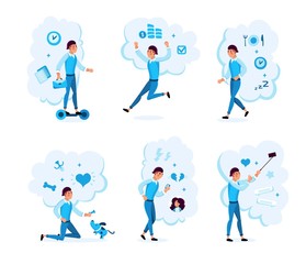 Modern Man, Male Entrepreneur, Student Characters in Different Situations and Scenes Trendy Flat Vector Set. Guy Riding Hoverboard, Going on Lunch, Playing with Gog, Calling Girlfriend Illustrations