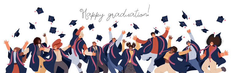 Vector flat set of Happy graduated man and woman in college and university education students in academic dresses. Celebration of Graduation day Students trow caps in air, Success Learning Concept - obrazy, fototapety, plakaty