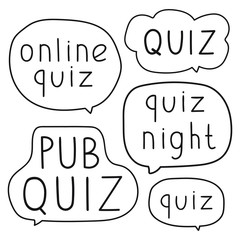 Quiz. Set of hand drawn outline badges. Vector illustrations on white background.