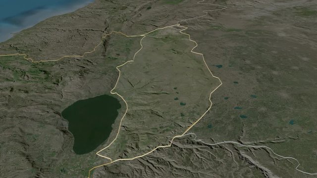 Golan, district with its capital, zoomed and extruded on the satellite map of Israel in the conformal Stereographic projection. Animation 3D
