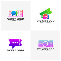 Set of Chat Ticket logo design concept vector, Travel Ticket with Chat logo Template, Creative design, Icon symbol