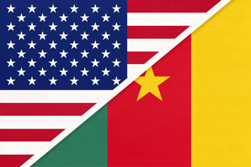 USA vs Cameroon national flag from textile. Relationship between two american and african countries.