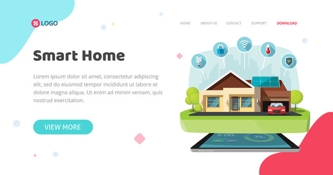 Smart home of house control technology or automation wireless security banner or website template design vector flat cartoon, web site landing page or flyer modern trendy mockup image